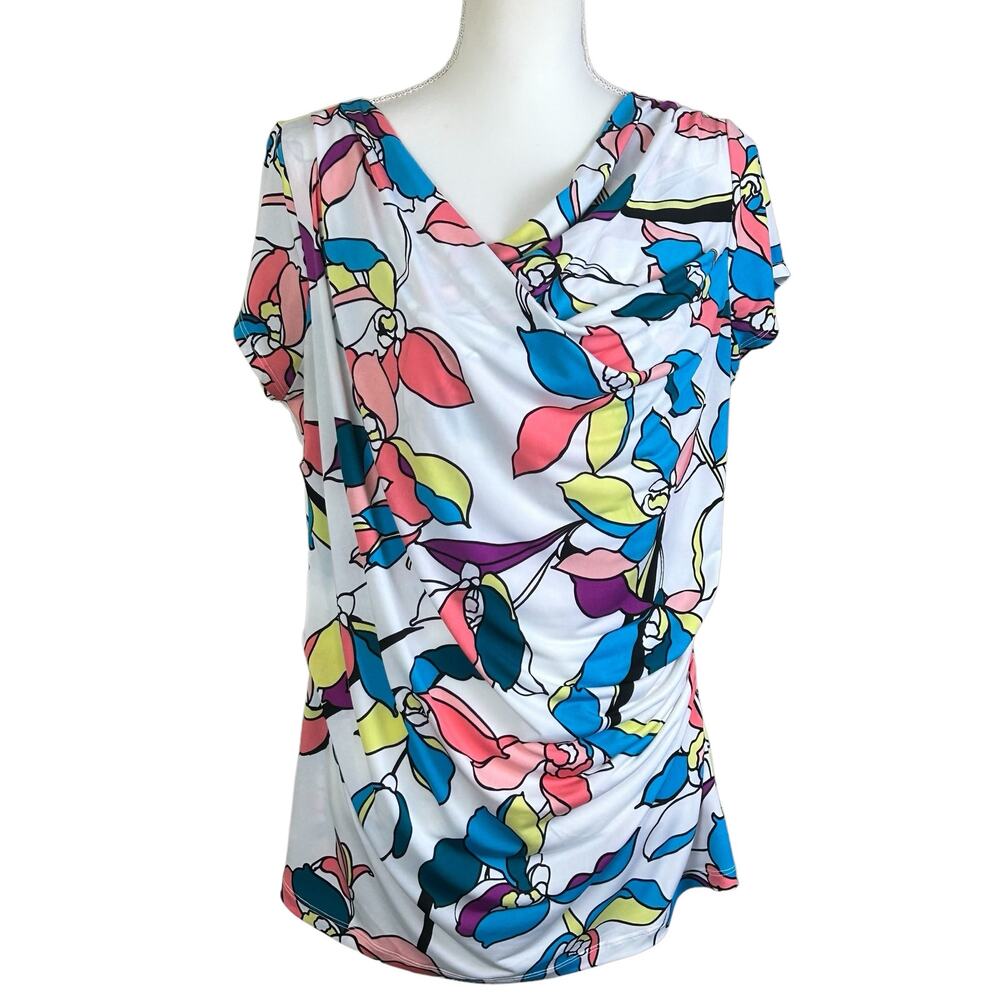 Worthington Top Women Large White Blue Yellow Floral Cowl Neck Draped Stretch